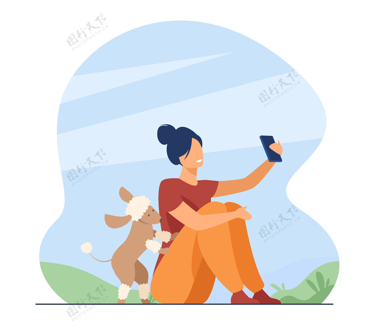 宠物快乐的人在户外自拍女人和她的狗在公园里享受时光卡通插画自拍商业移动