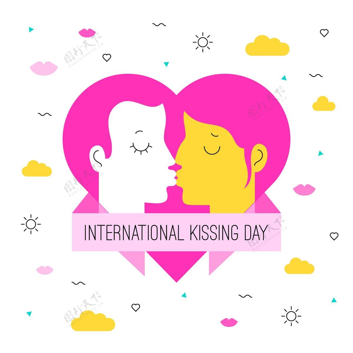 两人有机平面国际接吻日插画与情侣接吻情侣接吻爱情