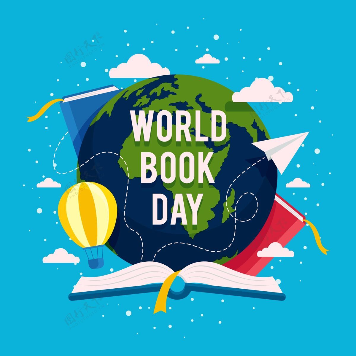 图书馆世界图书日插图与行星和书籍学习写作教育