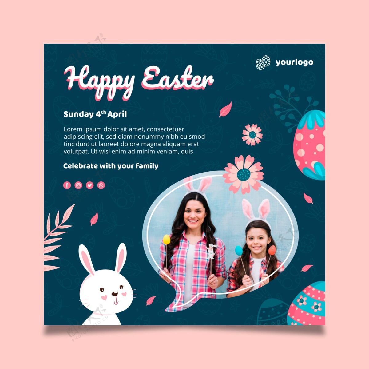 基督教复活节与兔子和家人广场海报模板模板复活节节日