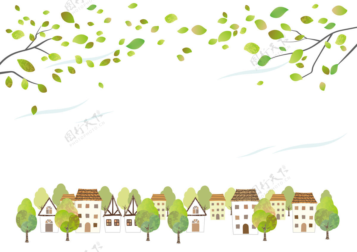 没有人田园诗般的水彩画城市景观 白色背景上隔离着年轻的树叶矢量插图和文本空间户外水彩水平