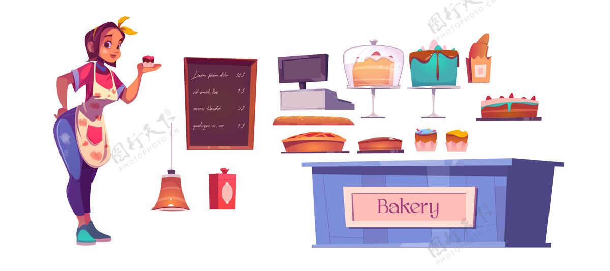 套装女厨师和面包店内设柜台 蛋糕 现金盒和菜单黑板盘子女人商店