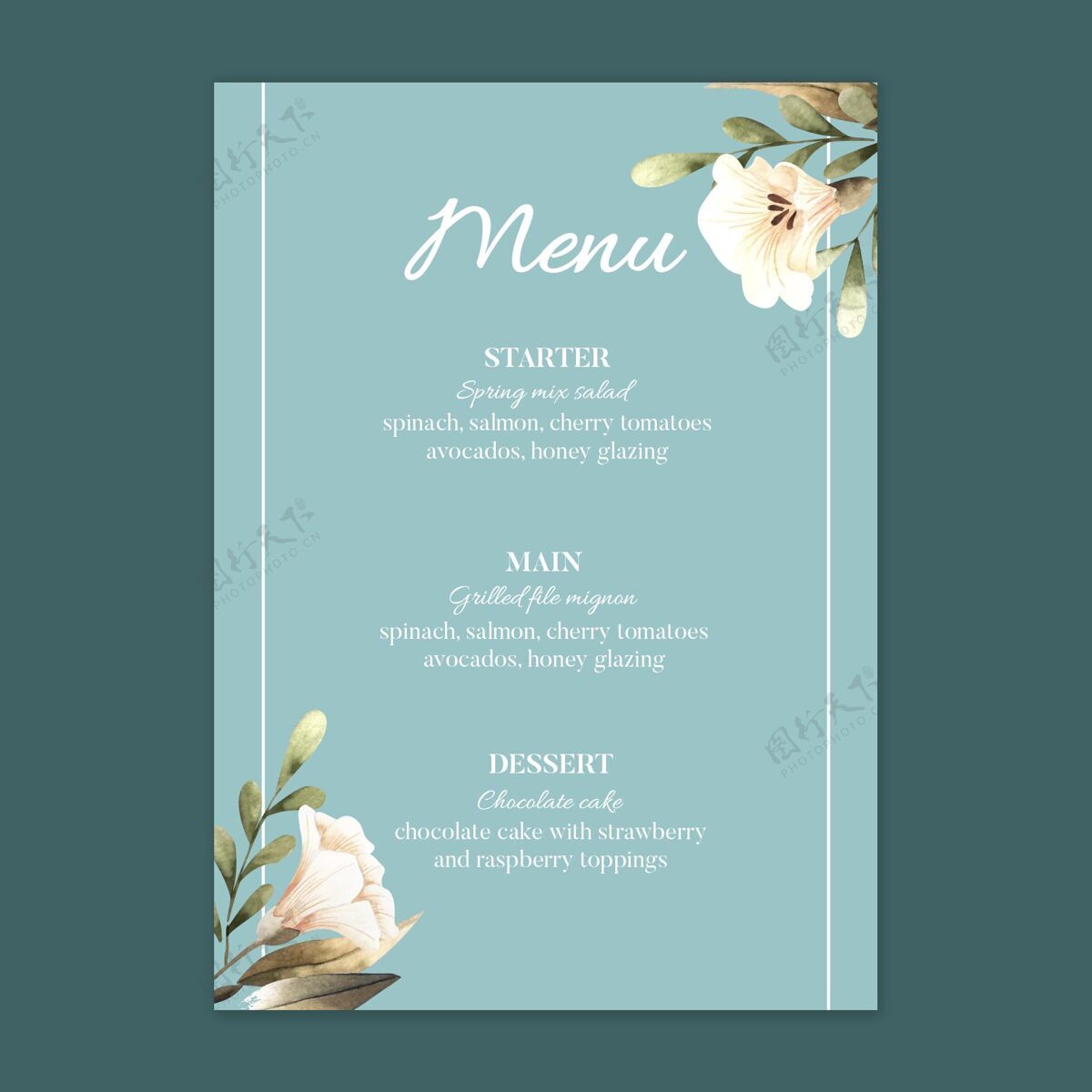 菜单花卉婚礼餐厅菜单模板花准备打印花