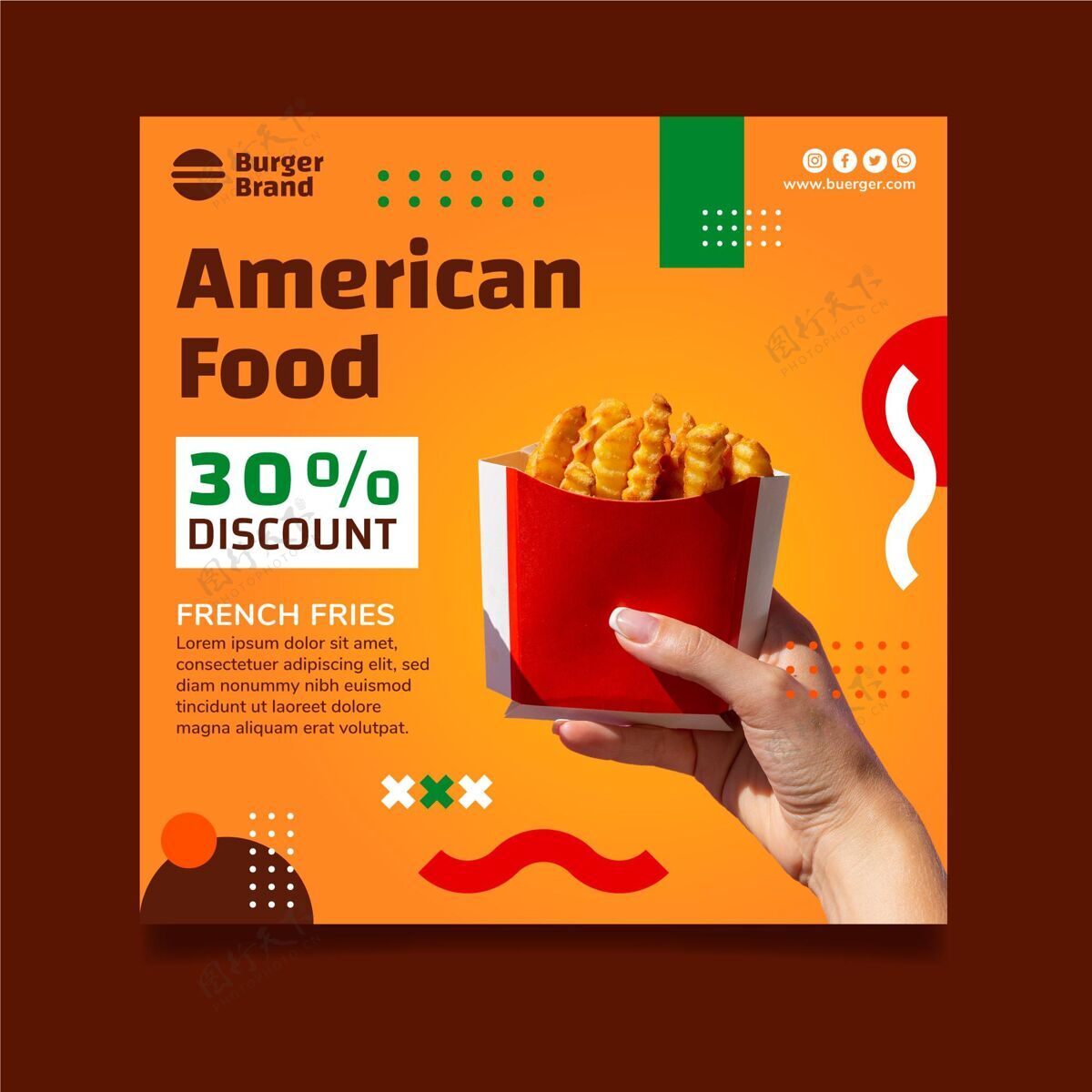 营养美国食品广场传单模板与炸薯条随时打印薯条传单
