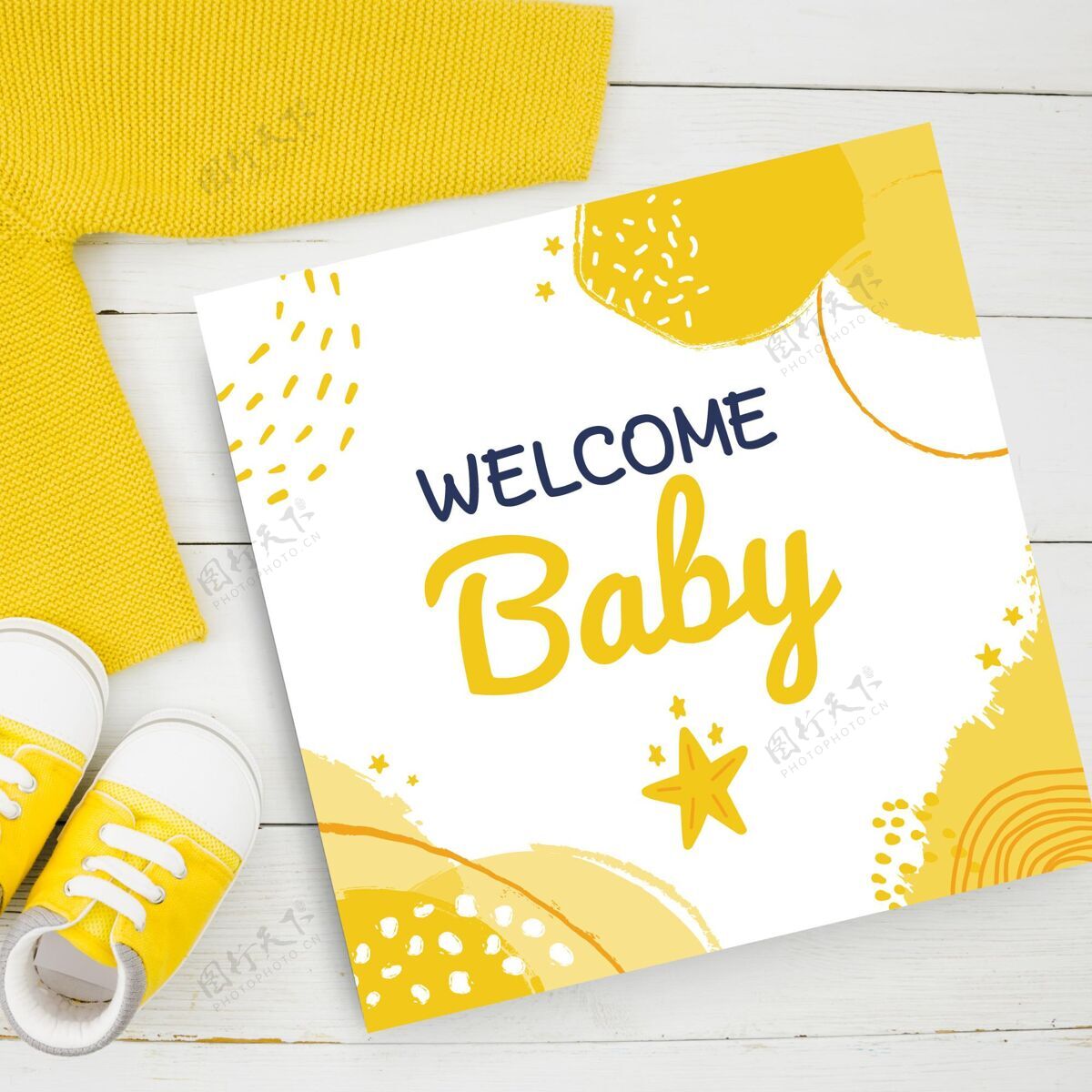 公告抽象画儿童般的婴儿卡在黄色调庆祝出生孩子一样