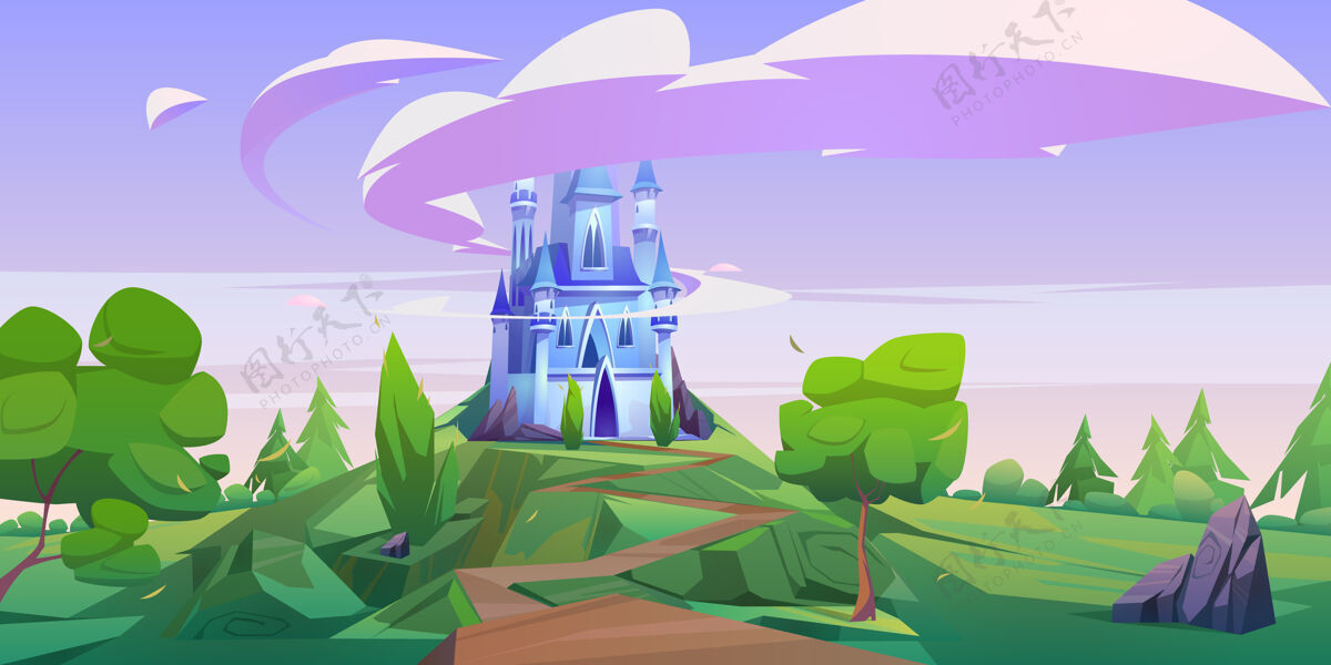 故事卡通城堡 魔幻童话宫殿和塔楼自然中世纪山
