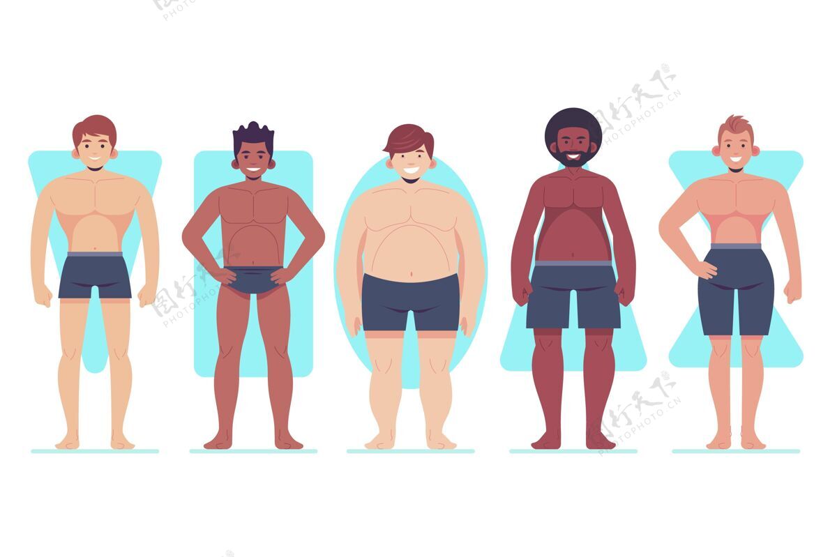 多种族平面手绘男性体型系列平面分类男