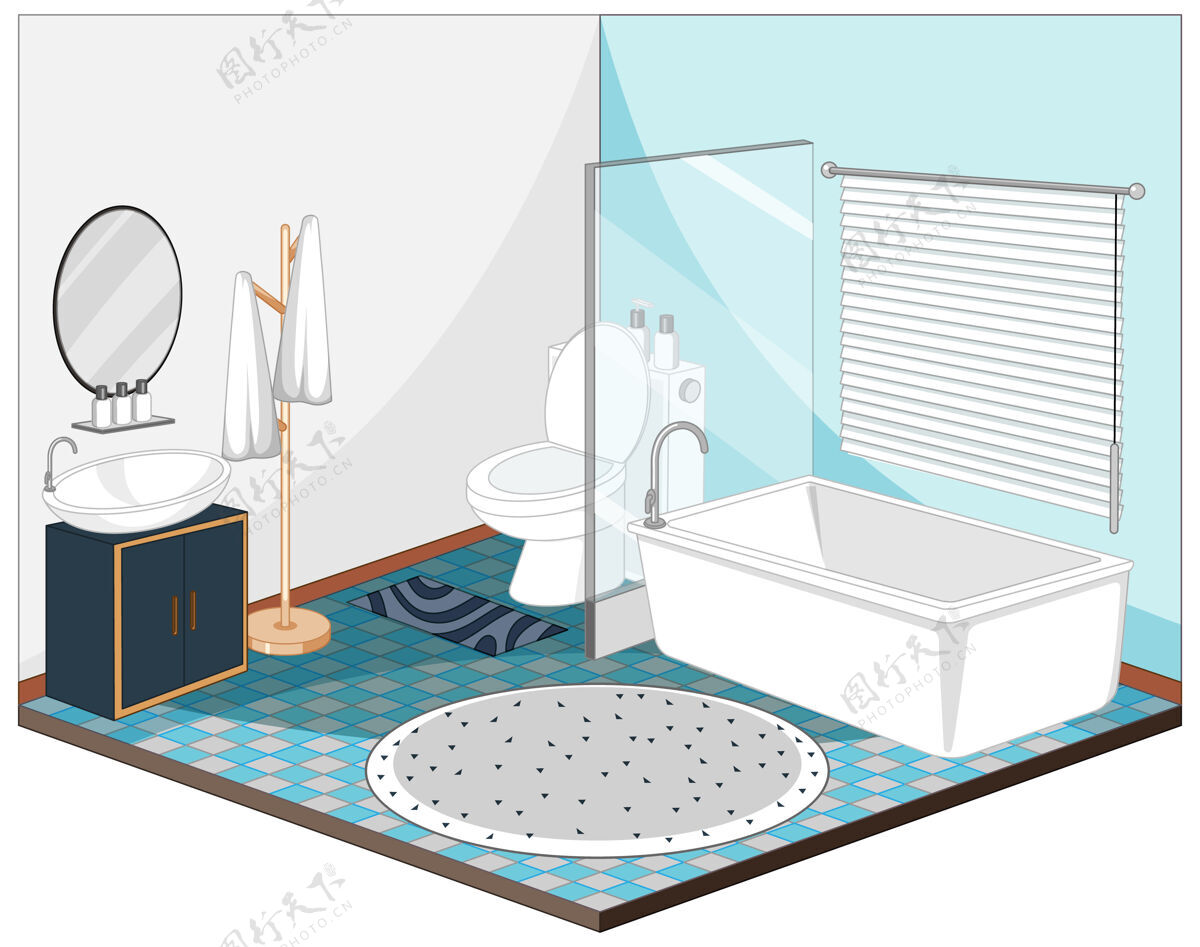 浴室浴室内部有蓝色主题的家具彩色房间镜子