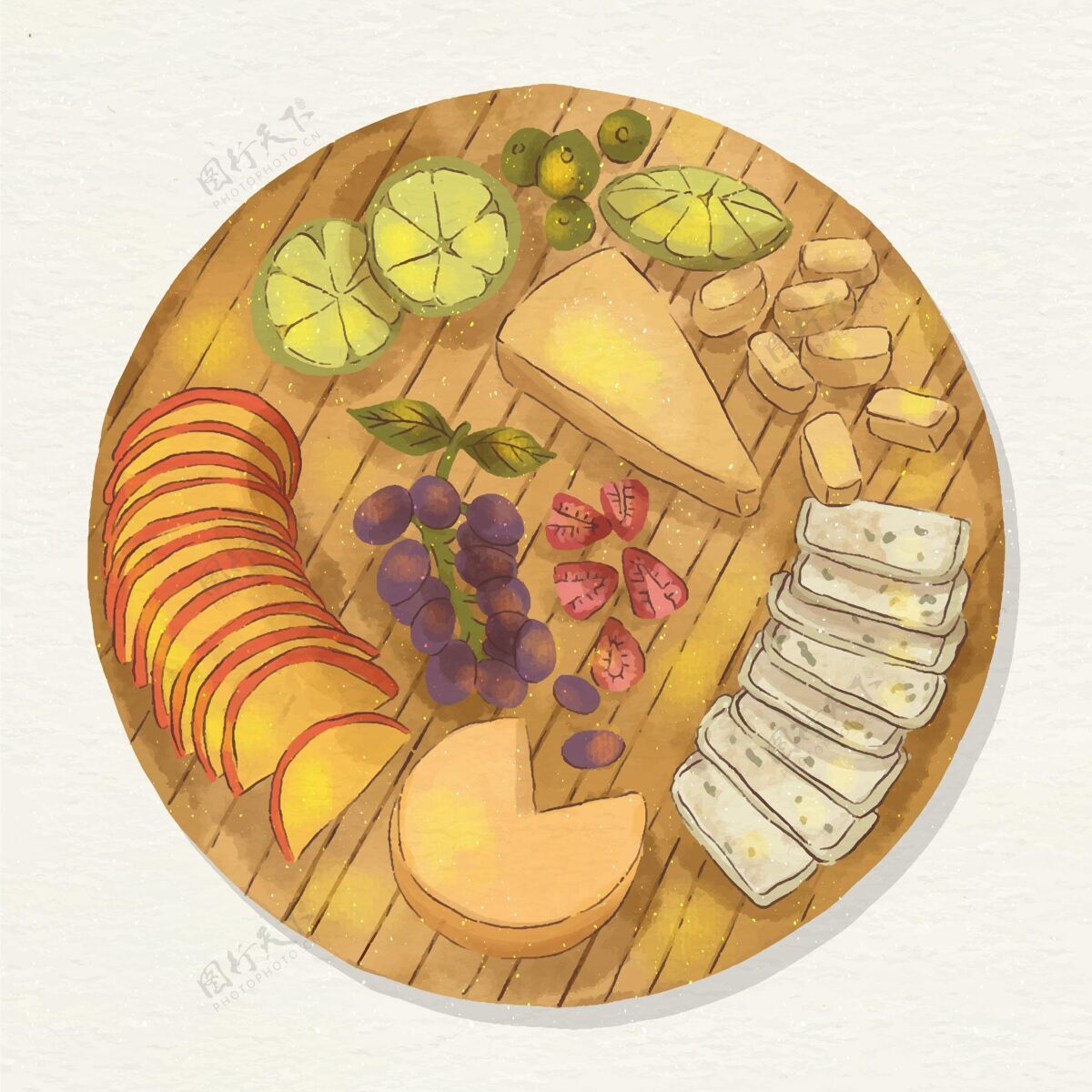 奶酪水彩画奶酪板插图与伴奏菜肴课程插图