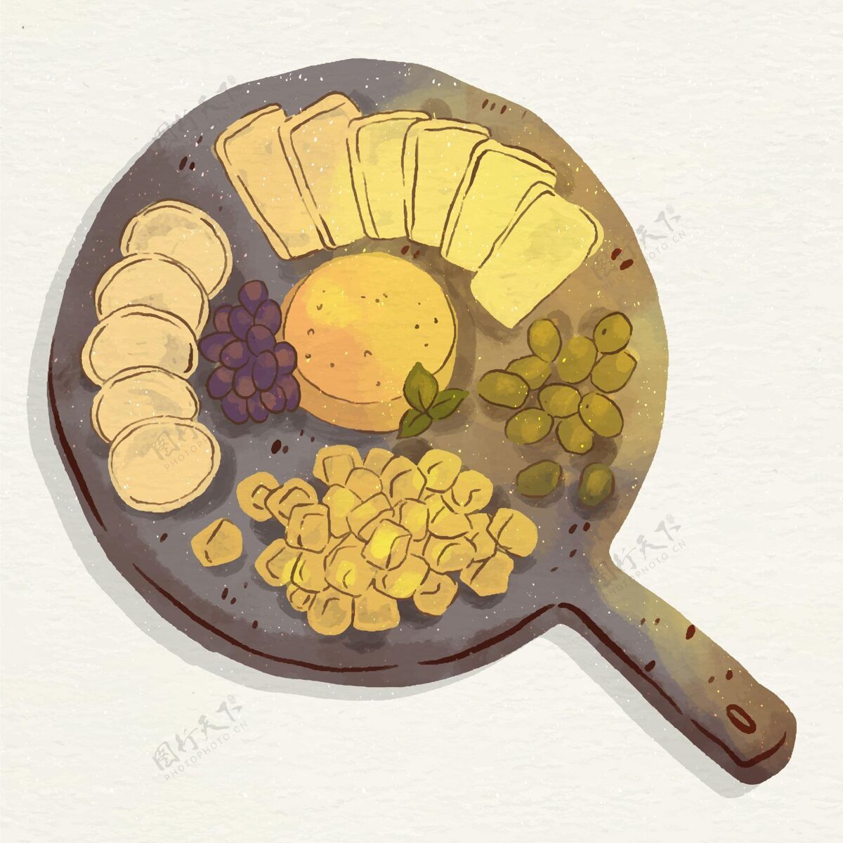 插图水彩画奶酪板插图与伴奏水彩画食物小吃
