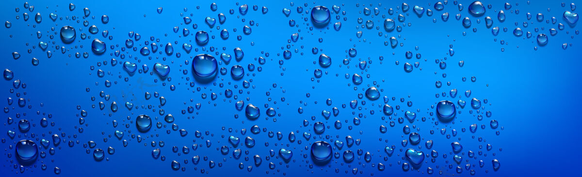 水蓝色背景 带透明水滴矢量逼真的湿蓝色表面 淋浴或雾中蒸汽凝结 透明的水滴从露水或雨水滴在窗户玻璃上撕裂表面清洁