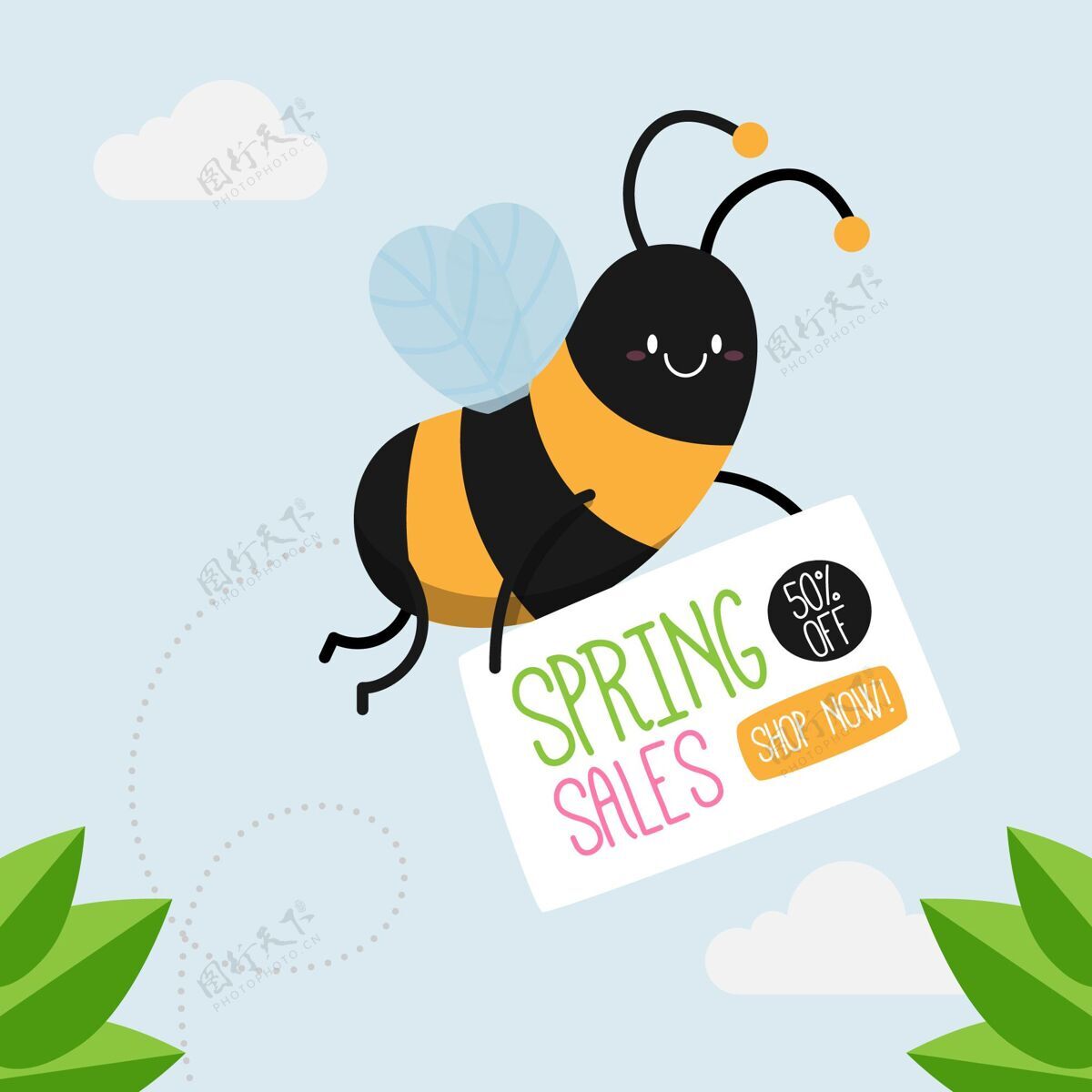 季节手绘春季促销与蜜蜂开花春天美丽