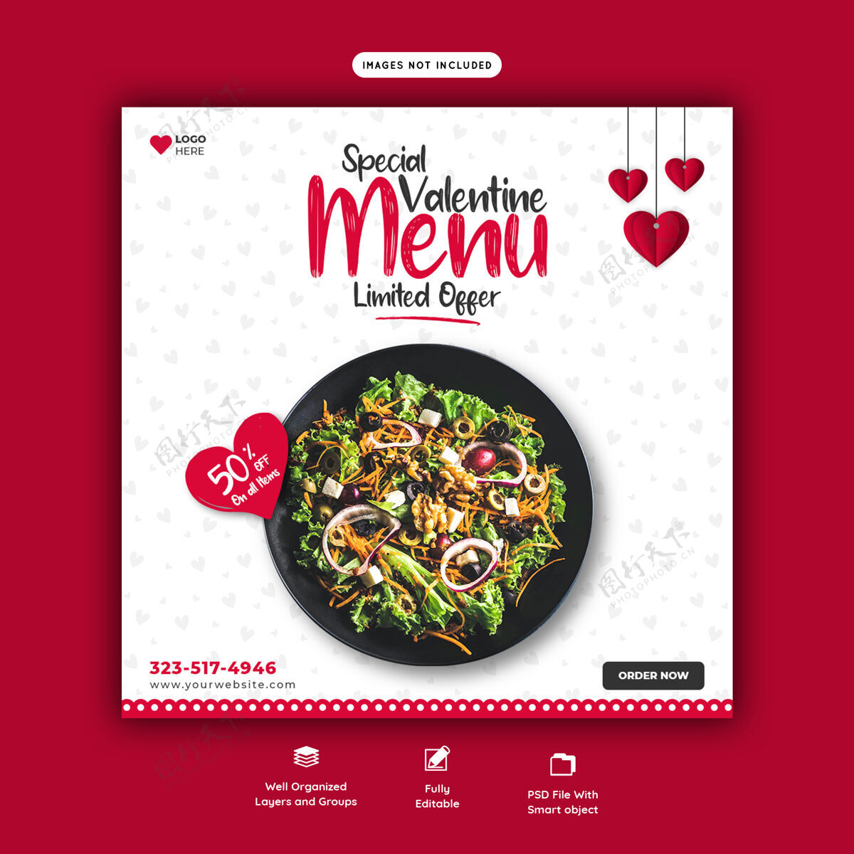 模型情人节美食菜单和餐厅社交媒体横幅模板食物菜单美味的食物食物