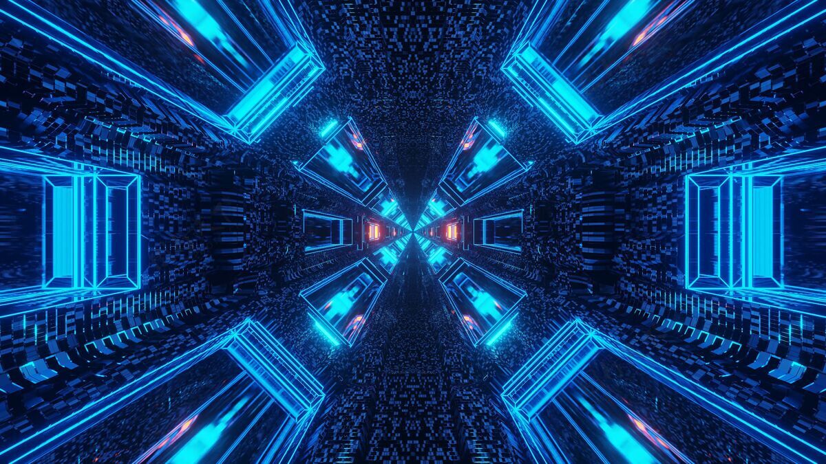 小说未来科幻小说隧道走廊与线和霓虹灯蓝色和红色黑色渲染内部