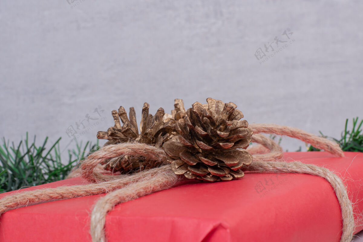 圣诞圣诞红盒子 灰色松果时尚绳子礼物