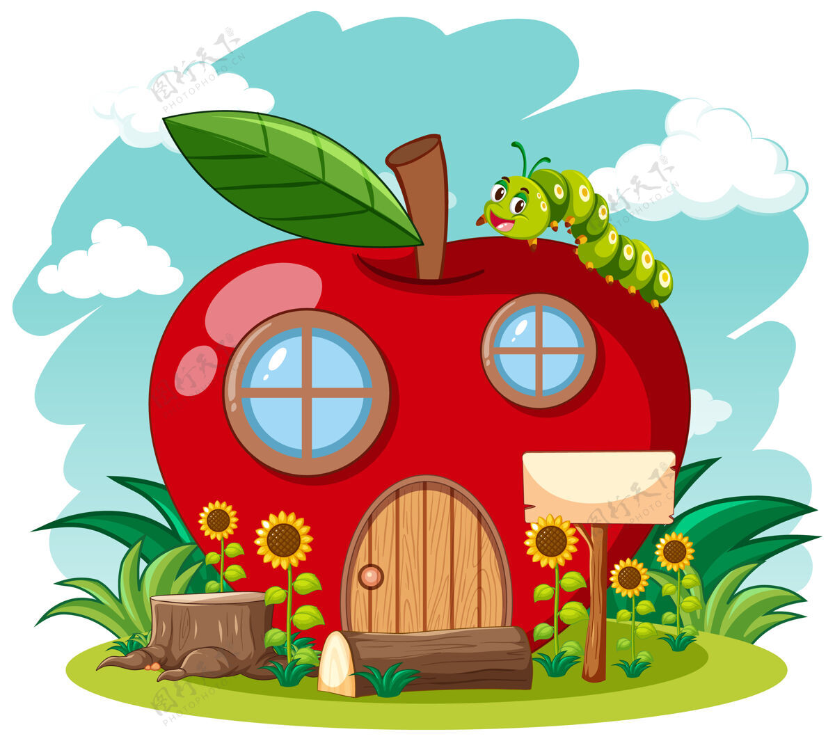 蘑菇红色的苹果屋和可爱的蠕虫在花园卡通风格的天空背景装饰木材水果