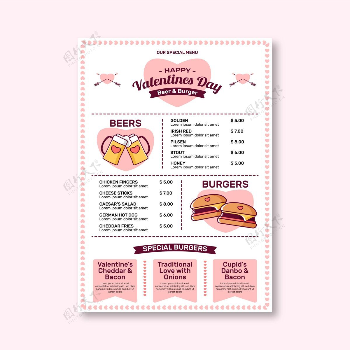 菜单平面设计情人节菜单模板事件准备打印快乐