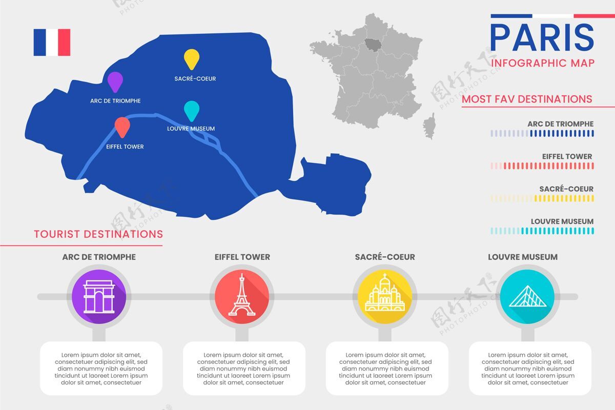 平面平面设计中的巴黎地图信息图模板巴黎信息图