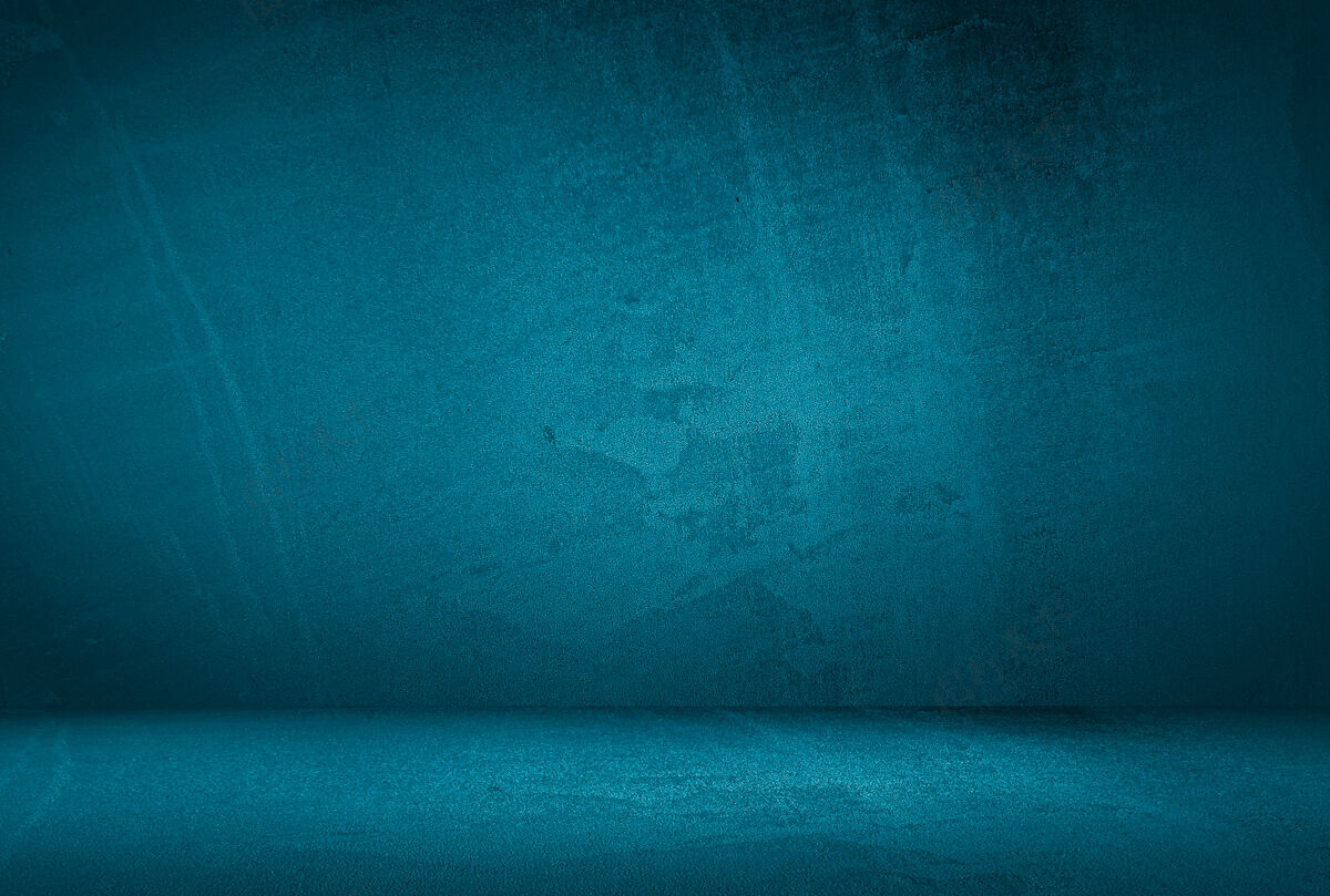 普通复古格伦蓝色混凝土纹理工作室墙壁背景 带渐晕图垃圾油漆染色