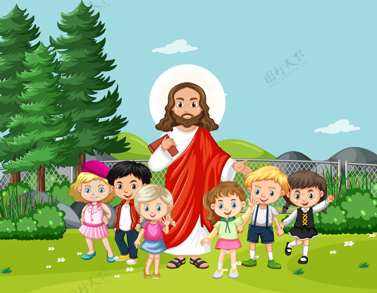 多元文化耶稣和孩子们在公园里户外树神圣