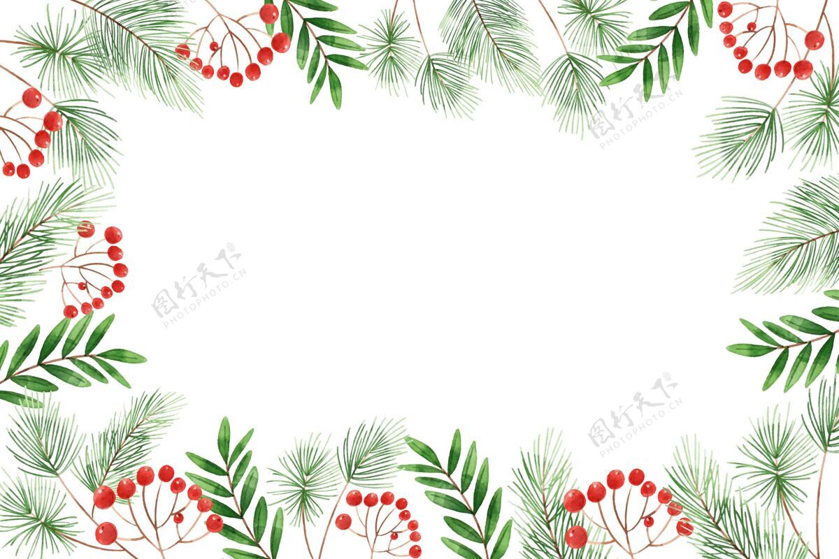 圣诞水彩圣诞树枝背景花环装饰品花环