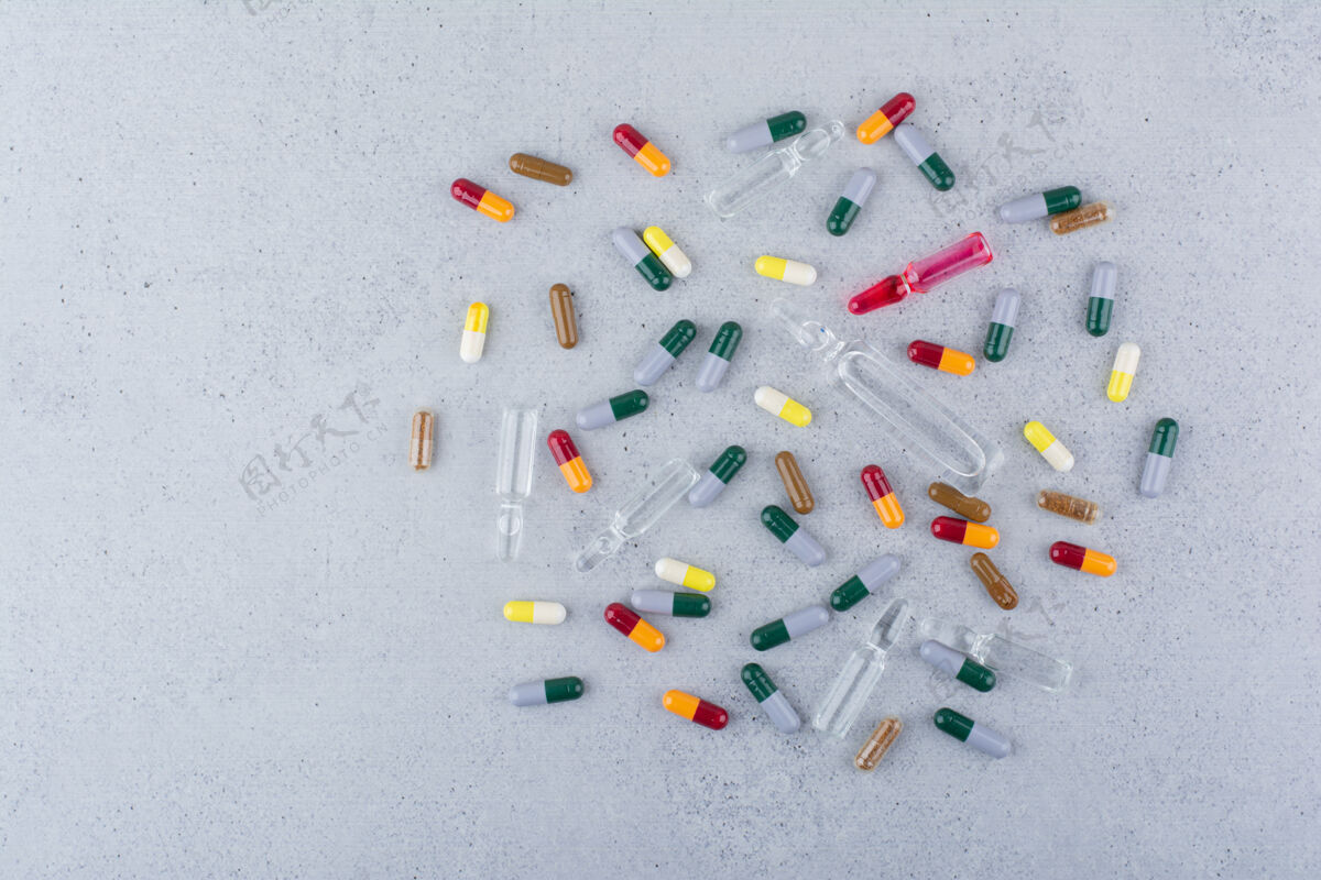 药物大理石表面的各种药物胶囊和安瓿胶囊片剂抗生素