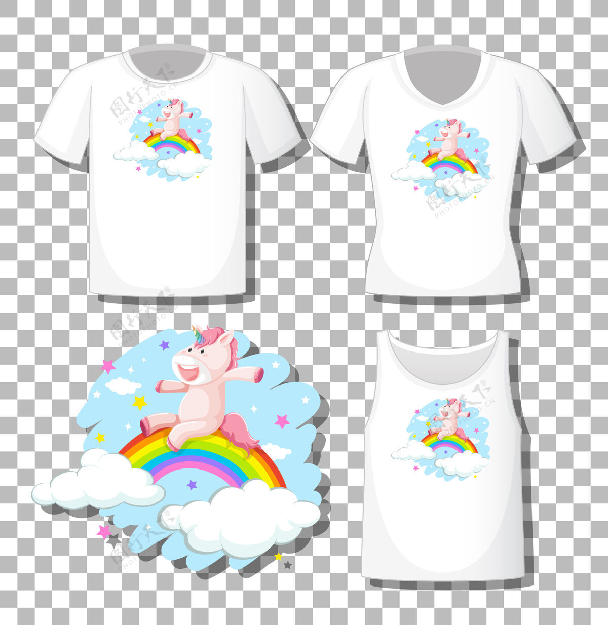 仙女可爱的独角兽与彩虹卡通人物与一套不同的衬衫隔离动物短神话