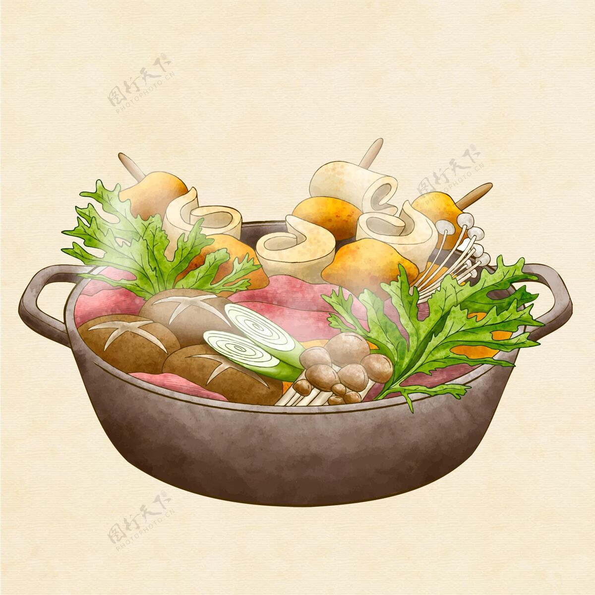 菜水彩火锅插画食品水彩饭