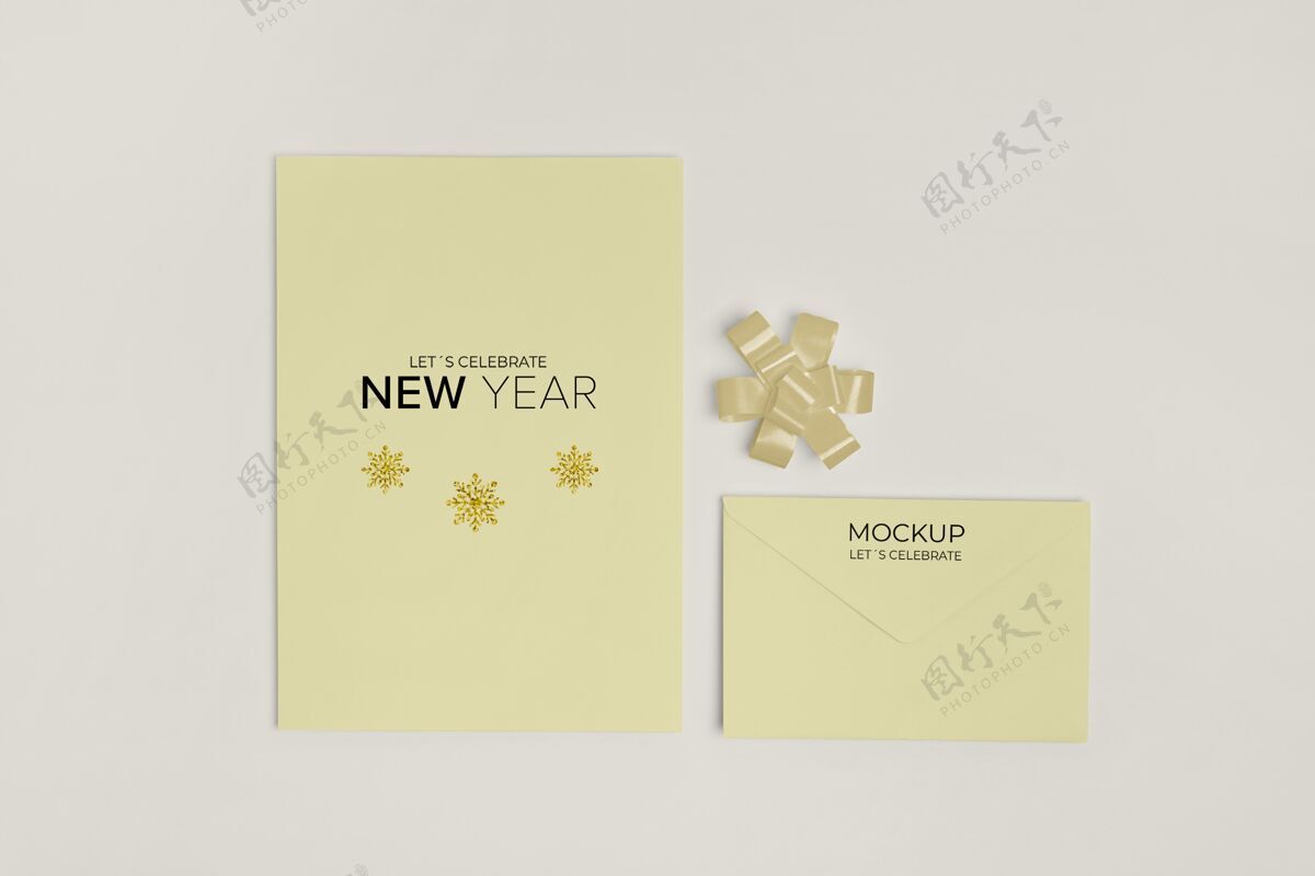 庆祝新年请柬实物模型与丝带顶视图快乐卡片新