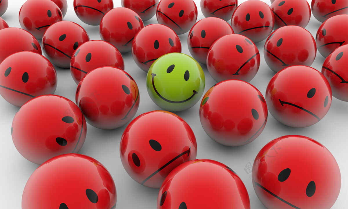 震惊三维渲染与悲伤的情绪和一个白色表面上的绿色快乐一个红色球插图乐趣笑表达