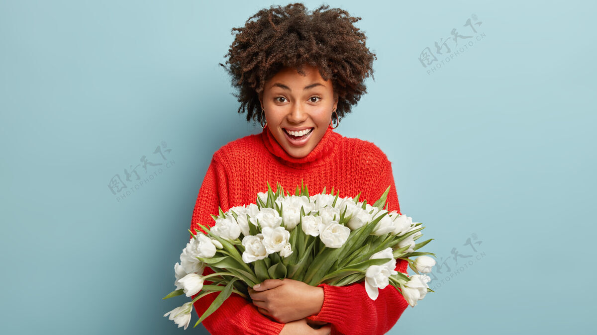 牙牙学语高兴的非裔美国妇女高兴地微笑着 穿着针织的红色套头衫 拥抱着一束白色的花 模型在蓝色的墙上人 好的情绪和感情收到郁金香室内凝视花丛