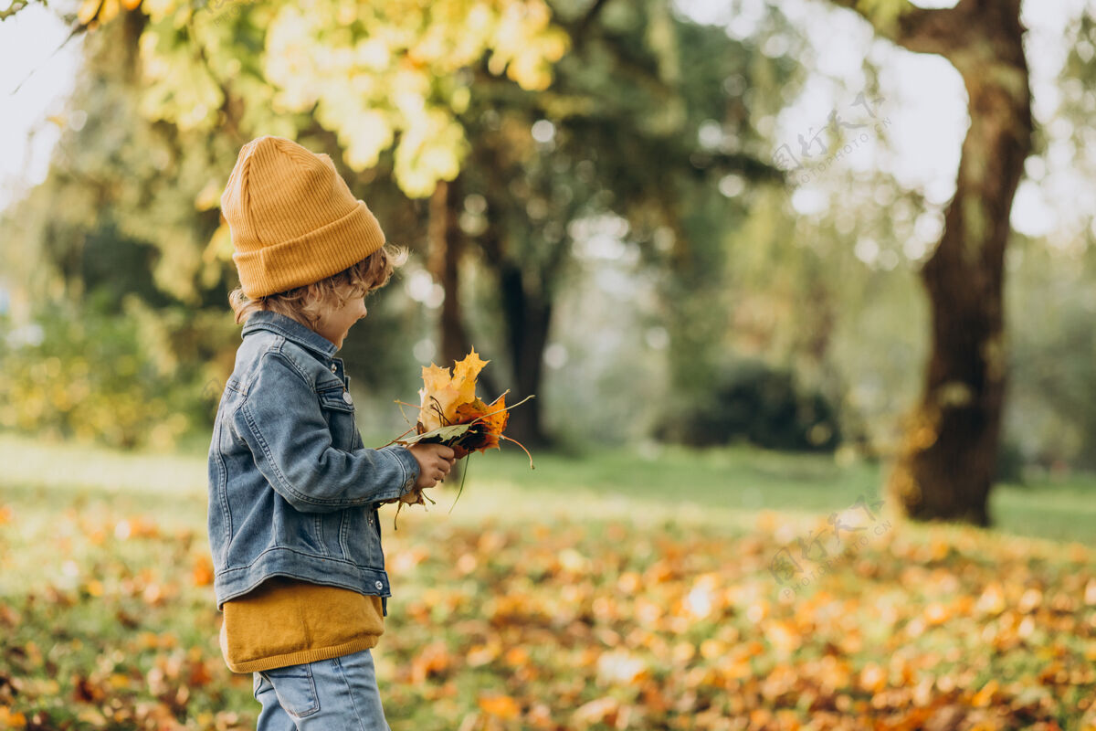 孩子可爱的男孩在秋天公园玩树叶自然爱探索