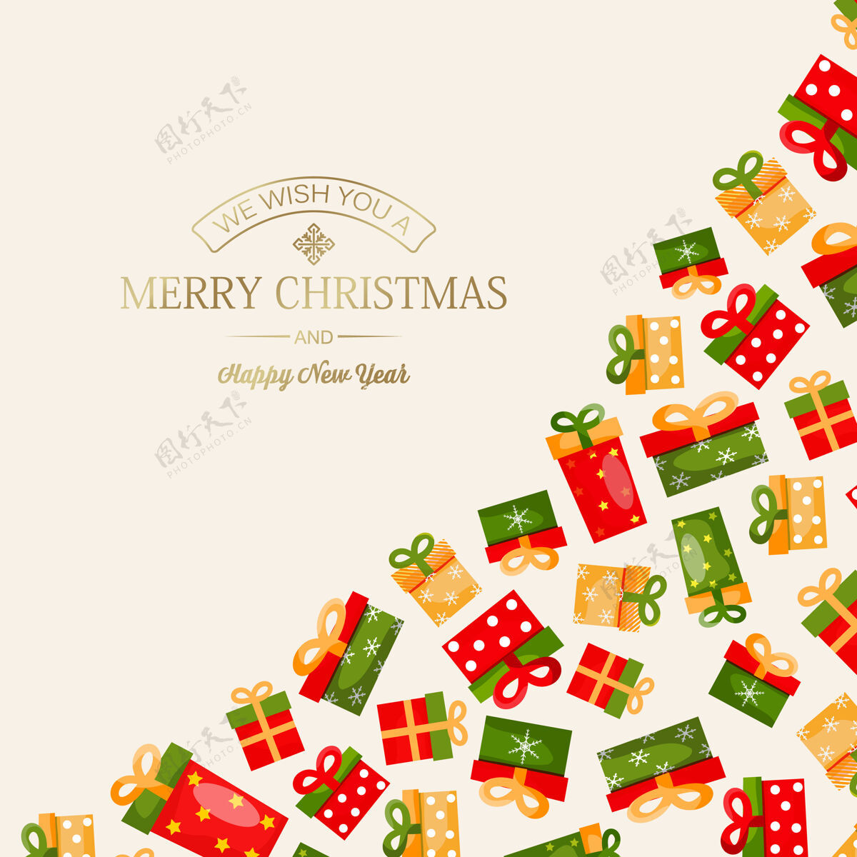金色庆祝圣诞快乐和新年贺卡与金色的问候题词和彩色礼品盒上的灯题词正方形文字