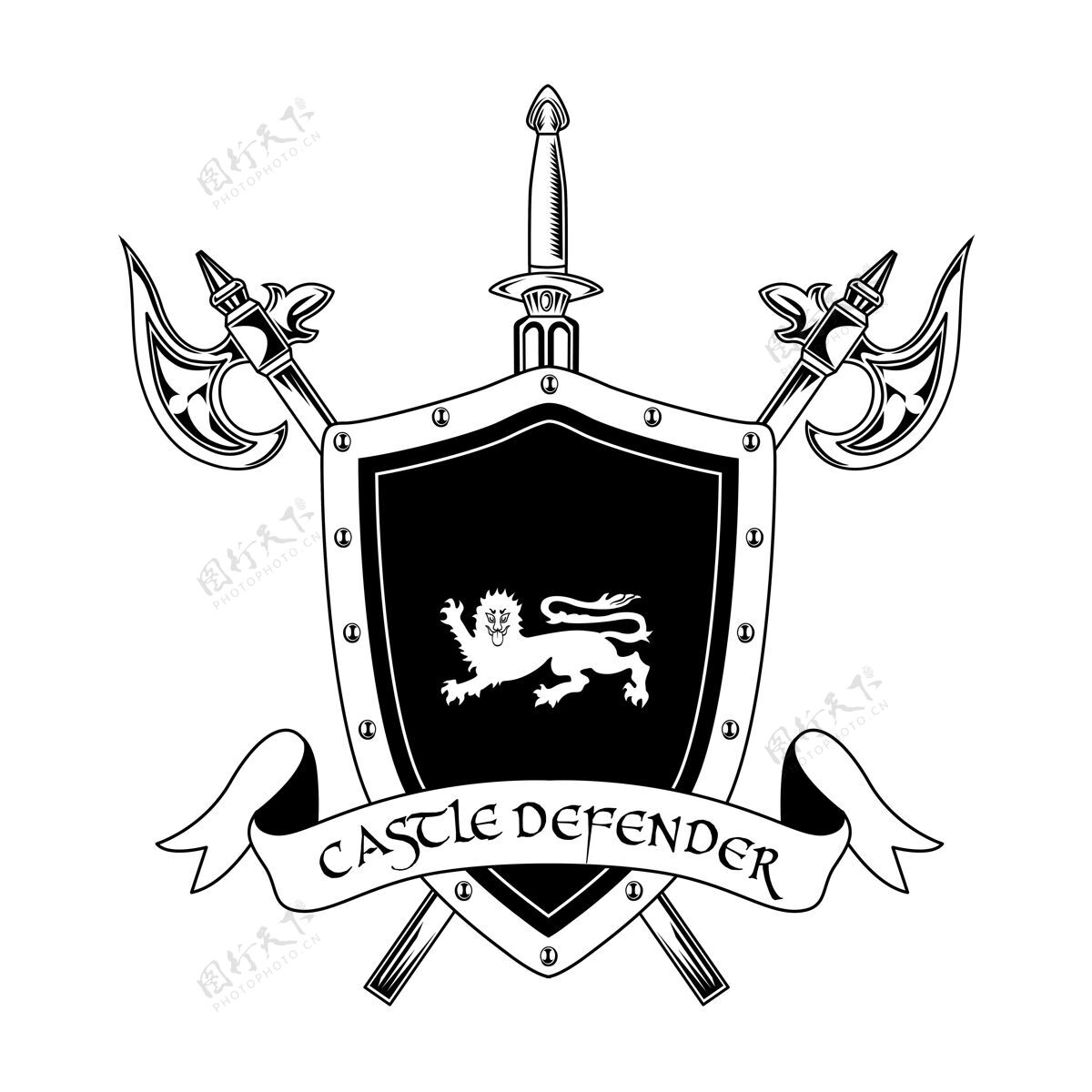 在线中世纪骑士武器矢量插图交叉轴 剑 盾牌和城堡防御者文本守卫和保护概念的徽章或徽章模板战斗运动团队