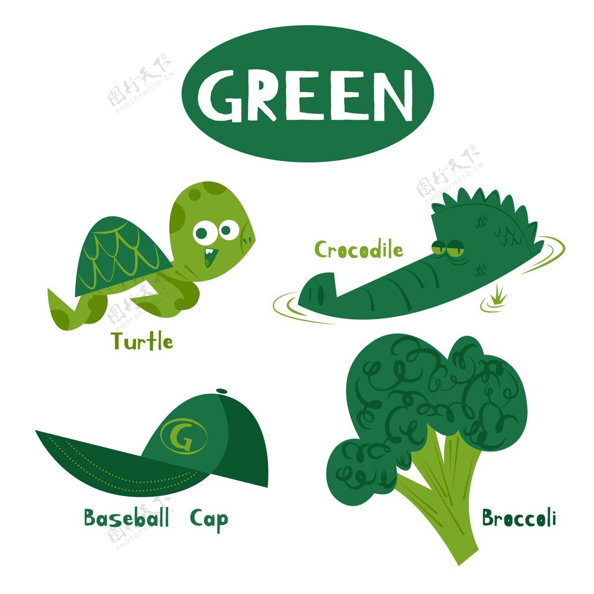 包装绿色的颜色和英语词汇集为儿童设置学习词汇
