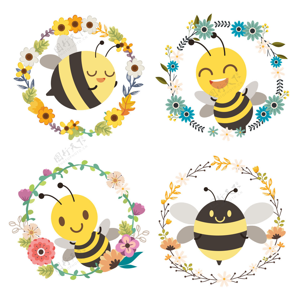 蜜蜂可爱的蜜蜂坐在花环的中心浪漫元素开花