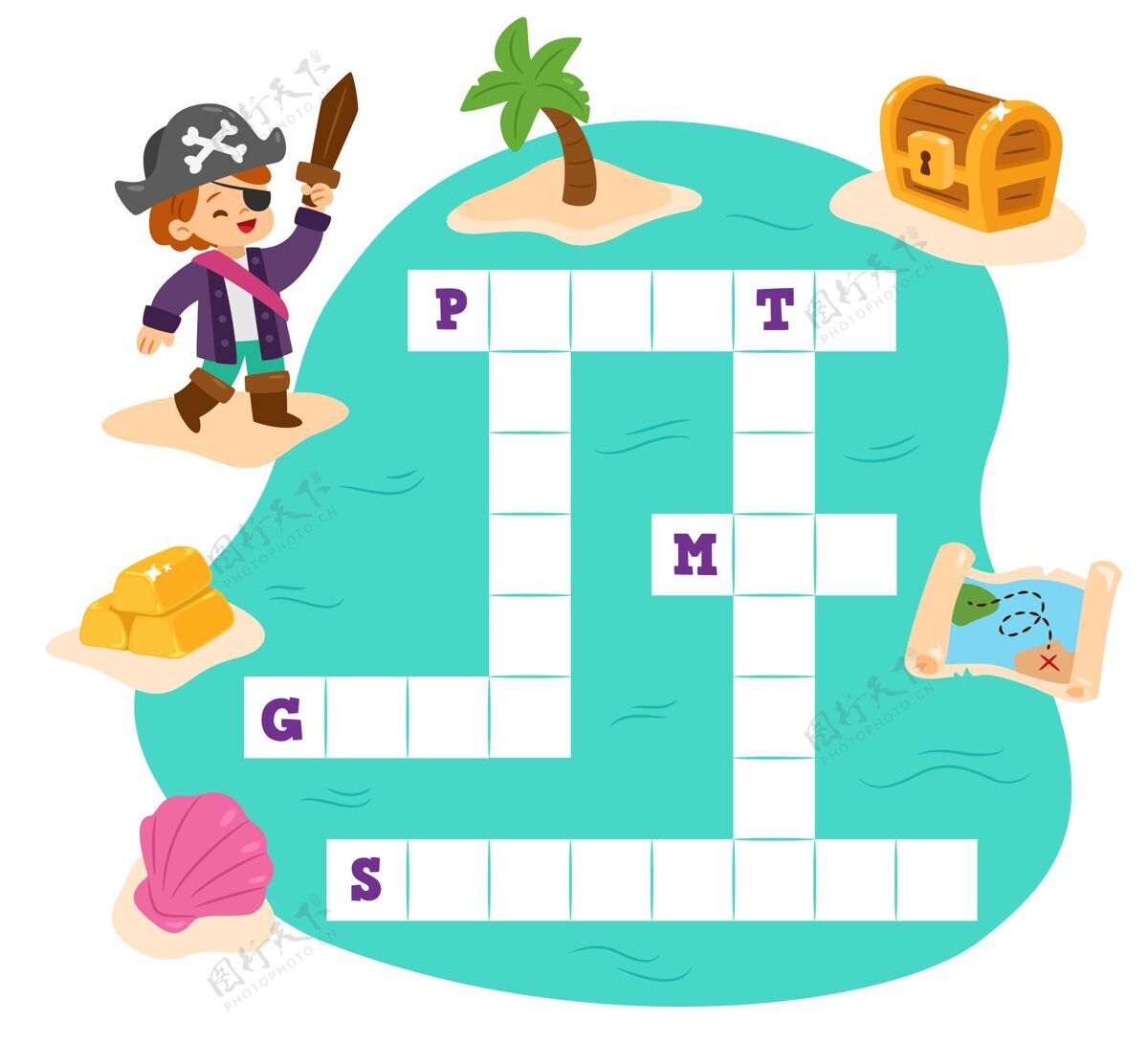 活动用不同的英语单词和海盗填字游戏幼儿园可爱童年