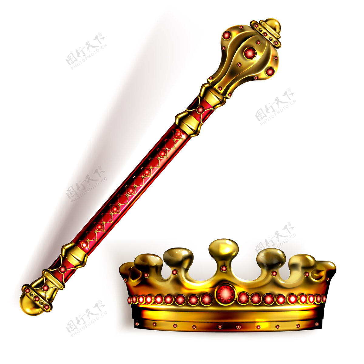 纹章黄金权杖和王冠为国王或王后 皇家魔杖和皇冠与红色宝石为君主黄金君主制皇帝符号 帝国加冕头饰 棒或锤 现实的三维矢量插图皇室皇帝珠宝