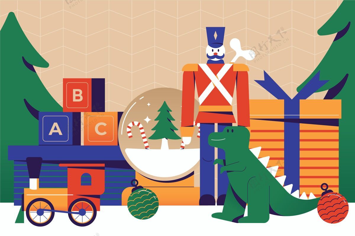 可爱平面设计圣诞玩具背景庆祝节日冬天