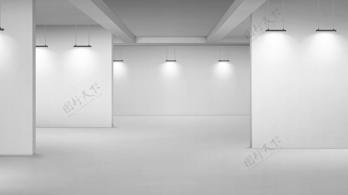 大厅美术馆内部空荡荡的 有白色墙壁的3d房间 地板和照明灯博物馆通道有供图片展示用的灯光 摄影比赛展览厅水泥照明画廊